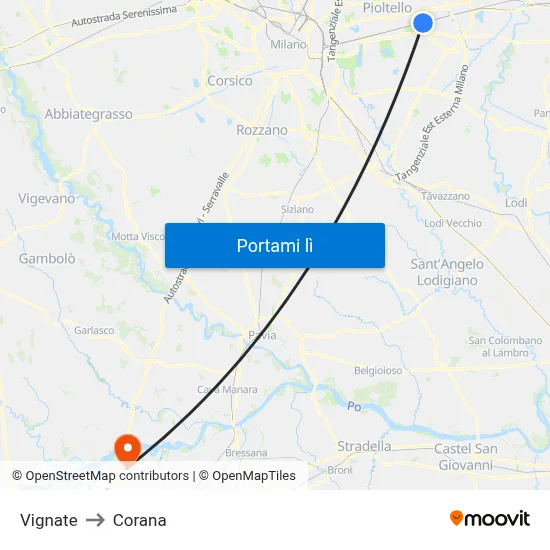 Vignate to Corana map