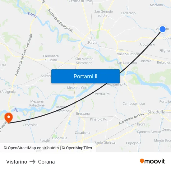 Vistarino to Corana map