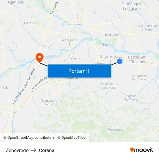 Zenevredo to Corana map