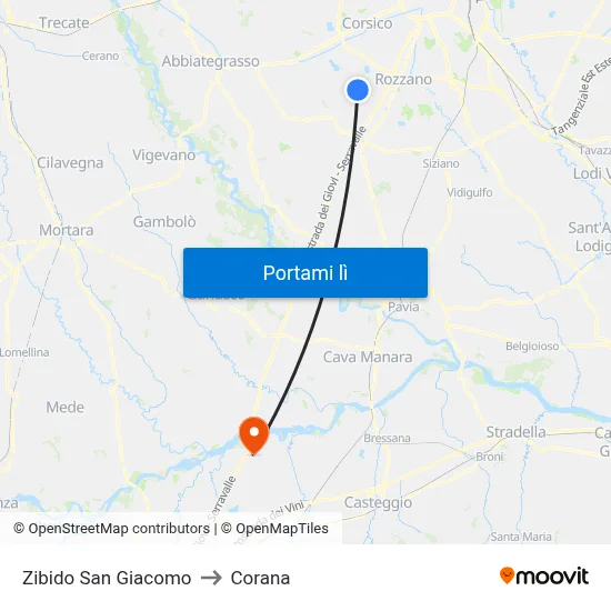 Zibido San Giacomo to Corana map