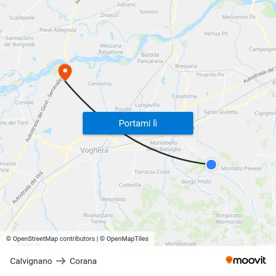 Calvignano to Corana map