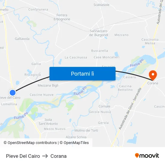 Pieve Del Cairo to Corana map