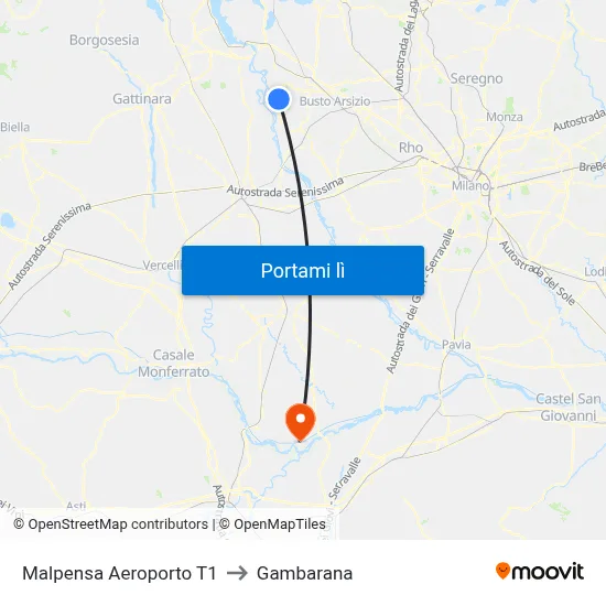 Malpensa Aeroporto T1 to Gambarana map