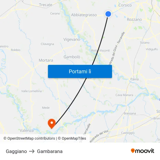 Gaggiano to Gambarana map