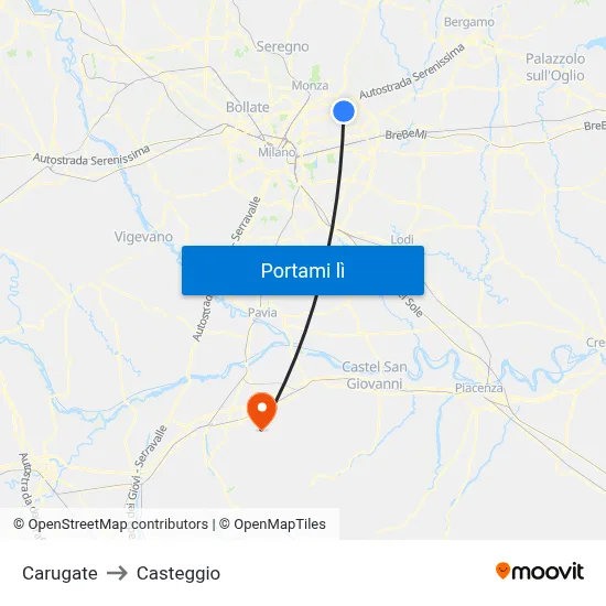 Carugate to Casteggio map