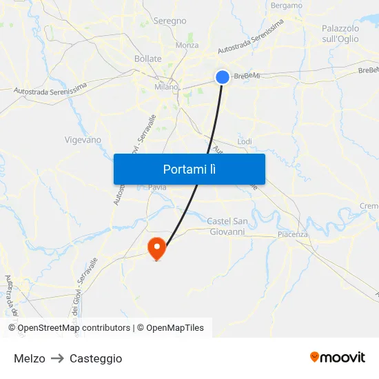 Melzo to Casteggio map