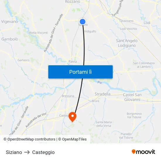 Siziano to Casteggio map
