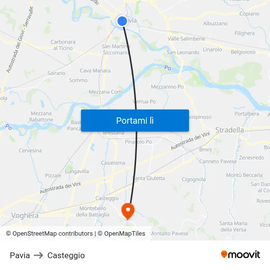 Pavia to Casteggio map