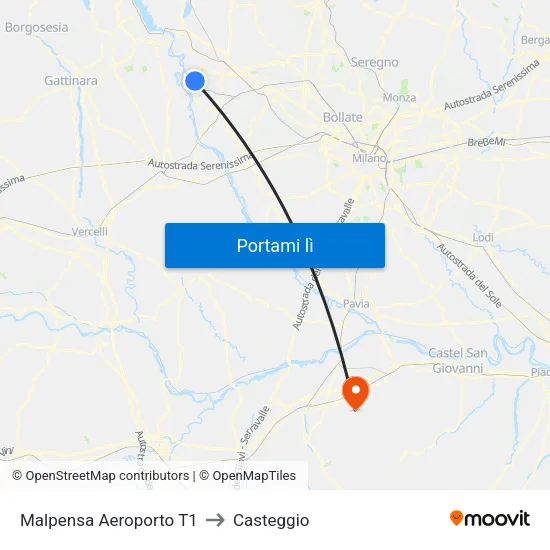 Malpensa Aeroporto T1 to Casteggio map