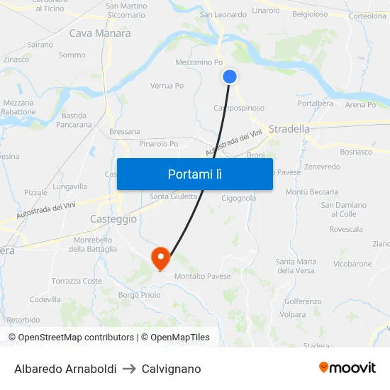 Albaredo Arnaboldi to Calvignano map