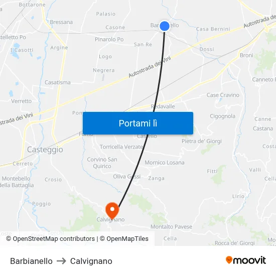 Barbianello to Calvignano map