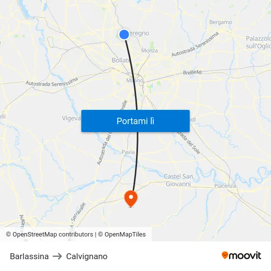 Barlassina to Calvignano map