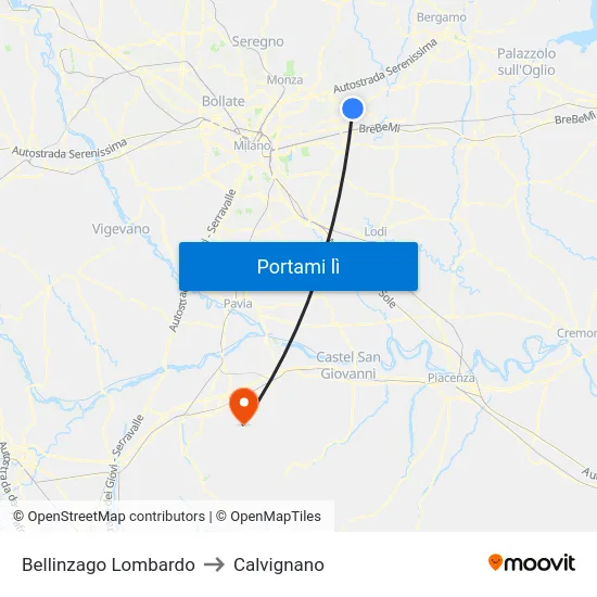 Bellinzago Lombardo to Calvignano map