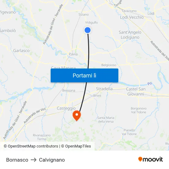 Bornasco to Calvignano map