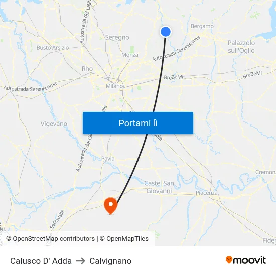 Calusco D' Adda to Calvignano map
