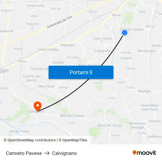 Canneto Pavese to Calvignano map