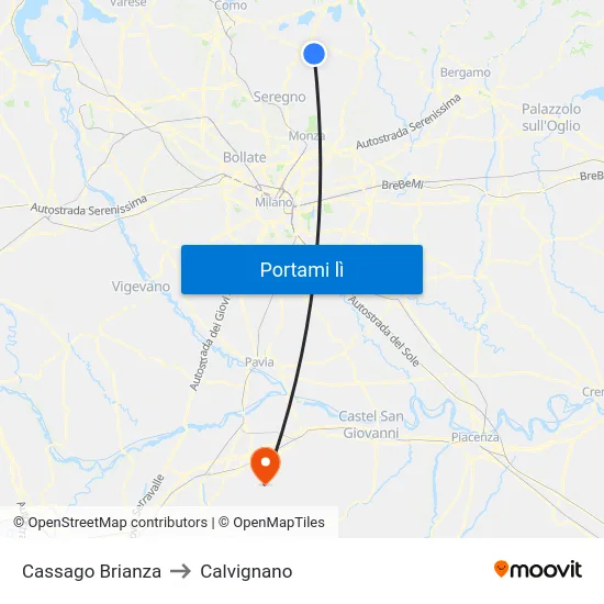 Cassago Brianza to Calvignano map