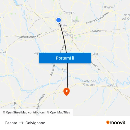 Cesate to Calvignano map
