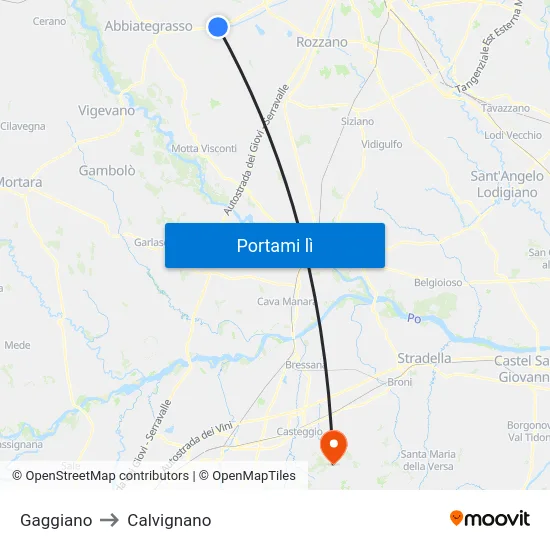 Gaggiano to Calvignano map