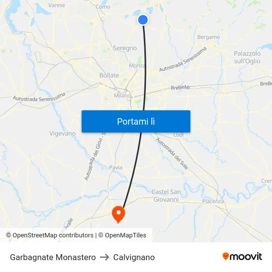 Garbagnate Monastero to Calvignano map