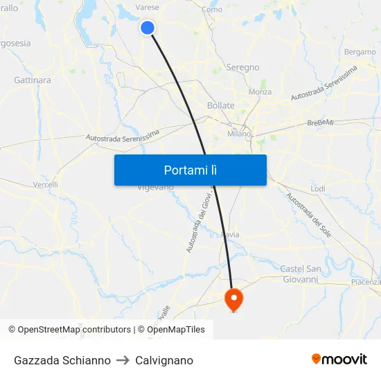 Gazzada Schianno to Calvignano map