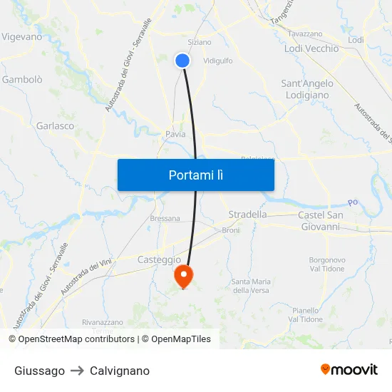 Giussago to Calvignano map