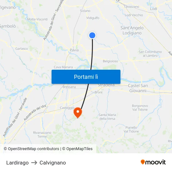 Lardirago to Calvignano map