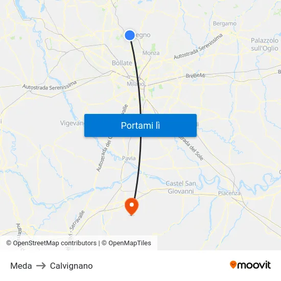 Meda to Calvignano map