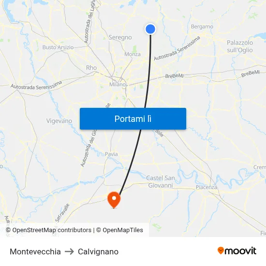 Montevecchia to Calvignano map