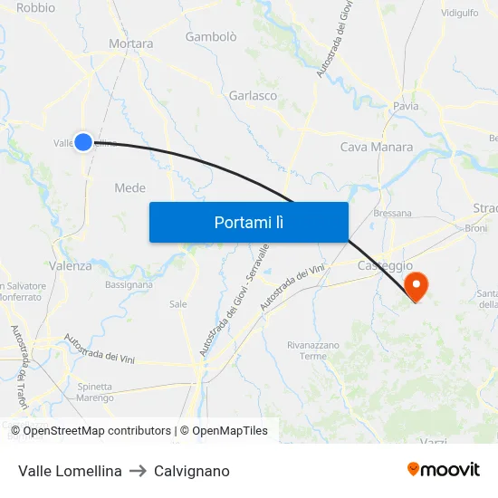 Valle Lomellina to Calvignano map