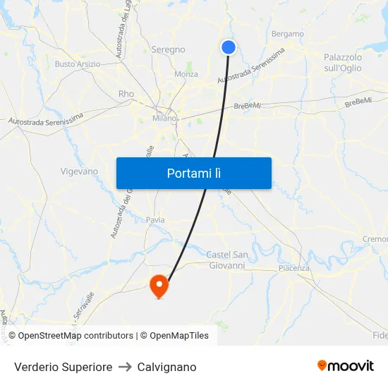 Verderio Superiore to Calvignano map