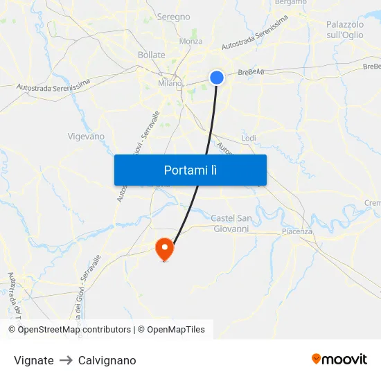 Vignate to Calvignano map