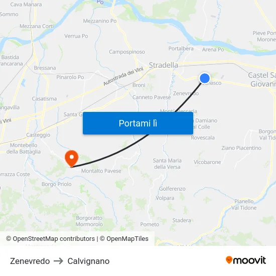 Zenevredo to Calvignano map