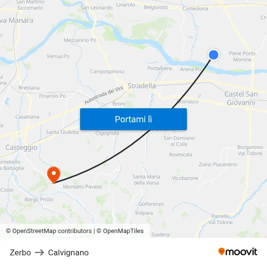 Zerbo to Calvignano map