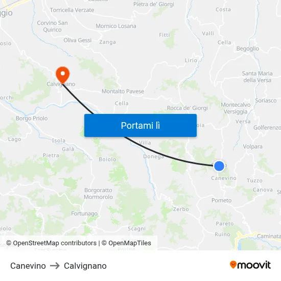 Canevino to Calvignano map