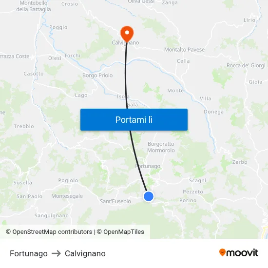 Fortunago to Calvignano map