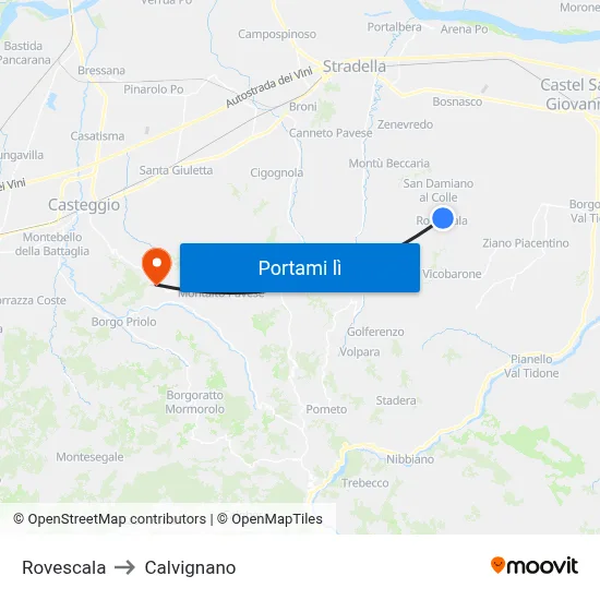 Rovescala to Calvignano map
