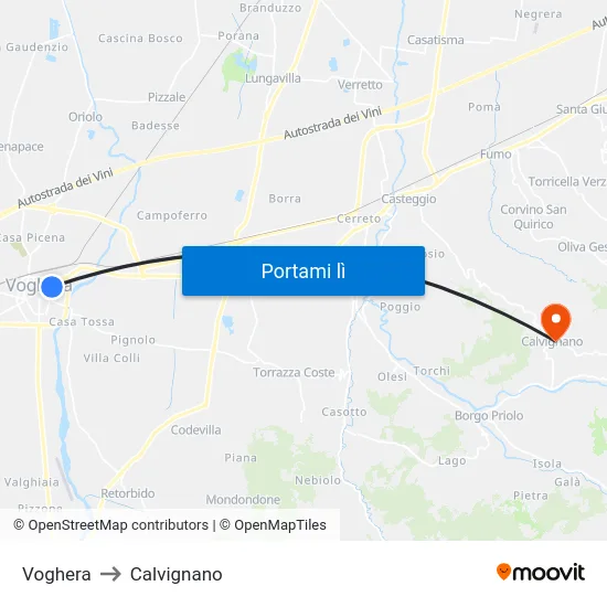 Voghera to Calvignano map