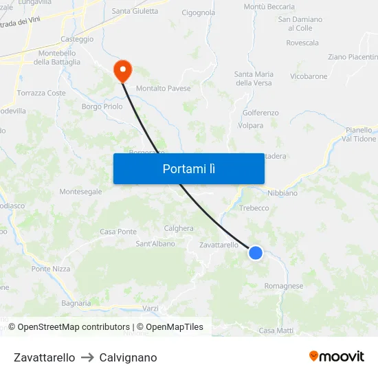 Zavattarello to Calvignano map