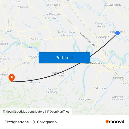 Pizzighettone to Calvignano map