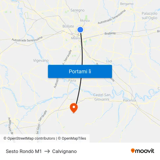 Sesto Rondò M1 to Calvignano map