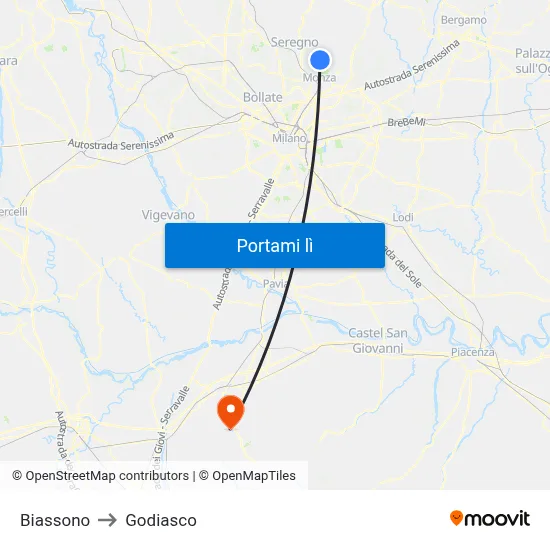 Biassono to Godiasco map