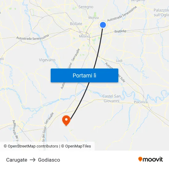 Carugate to Godiasco map