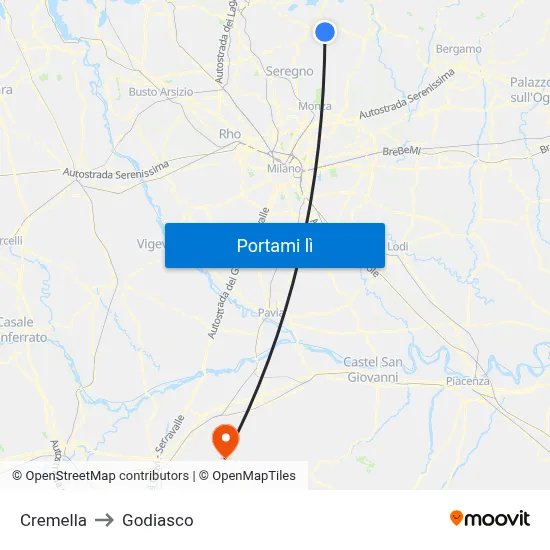 Cremella to Godiasco map