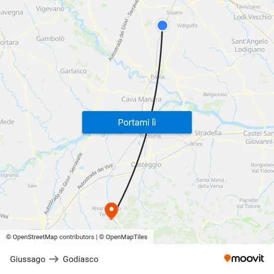 Giussago to Godiasco map