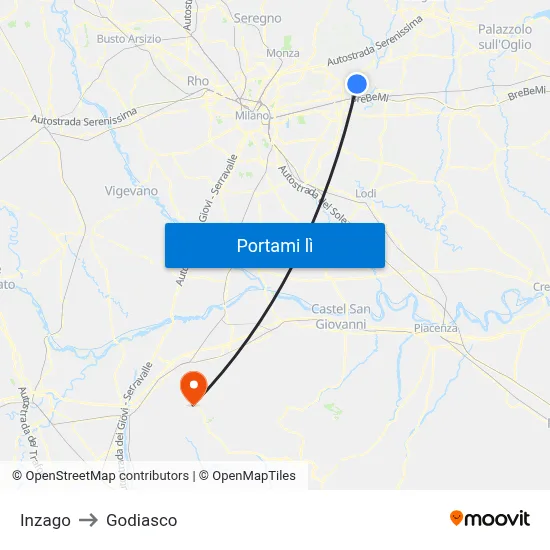 Inzago to Godiasco map