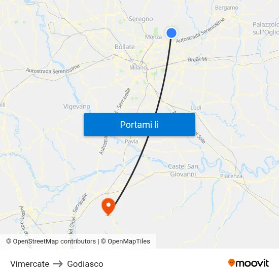 Vimercate to Godiasco map