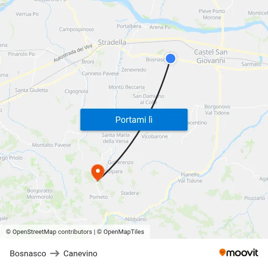 Bosnasco to Canevino map
