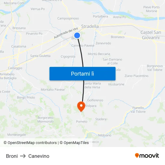 Broni to Canevino map