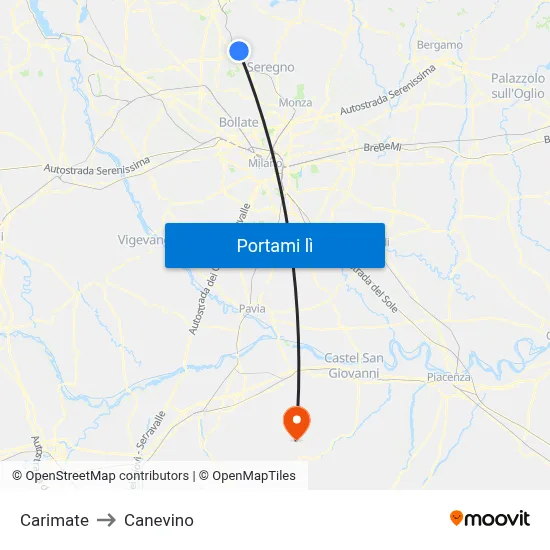 Carimate to Canevino map